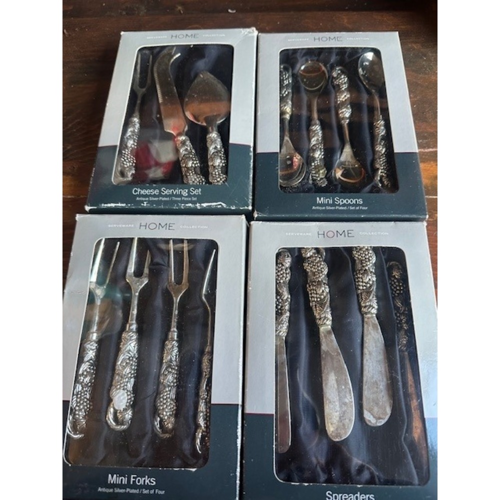 Home Collection Antique Silver Plated Grape Cheese Set Spoon Forks Spreader 15pc